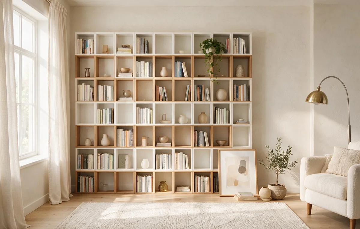 Sunlit reading corner with an open shelf wooden bookcase styled with books, ceramics and a plant beside a linen armchair