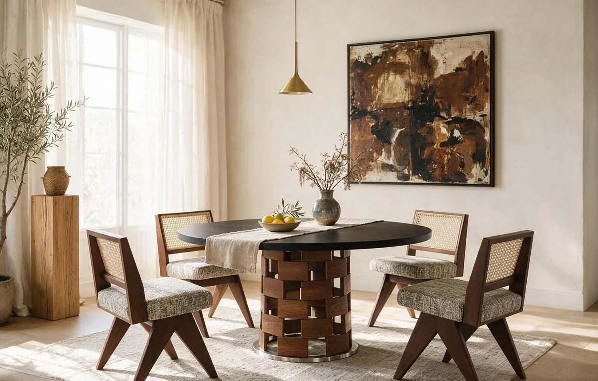 Bright dining area with a round black table on a walnut block pedestal base, cane back chairs and a brass pendant light
