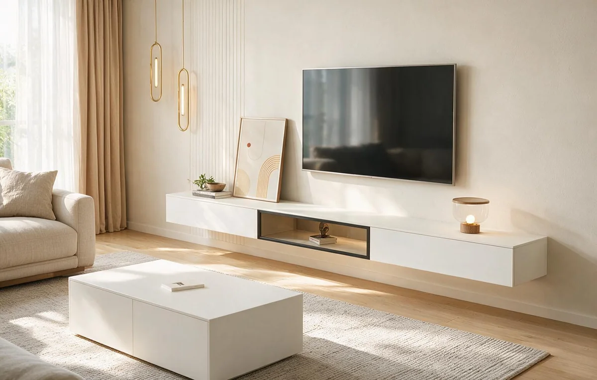 Wall mounted floating TV stand with slim glass doors below a television in a bright living room with a plant and pale rug