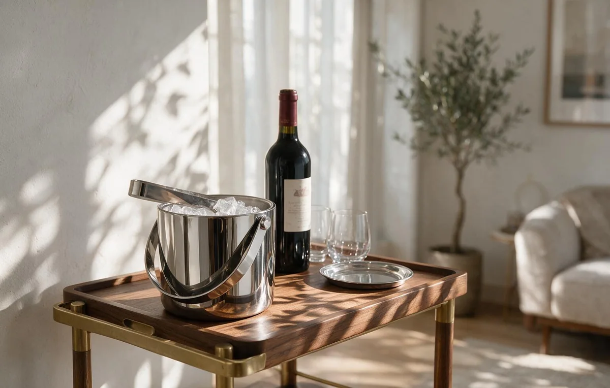 Mirror polished stainless steel ice bucket with tongs on a walnut and brass bar cart beside wine, glasses and a sunlit window