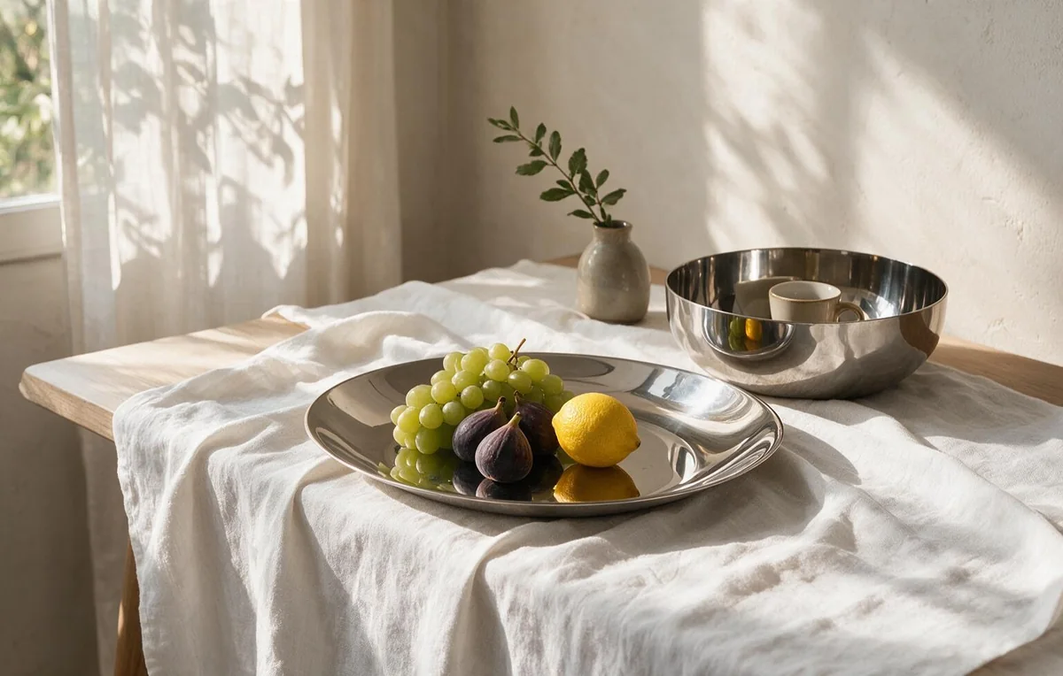 Mirror polished stainless steel serving platter and bowl with fruit and espresso cups on white linen in morning sunlight