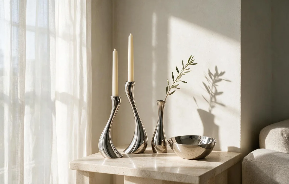Group of mirror polished stainless steel home accessories, sculptural candle holders, a vase and a bowl on a travertine console