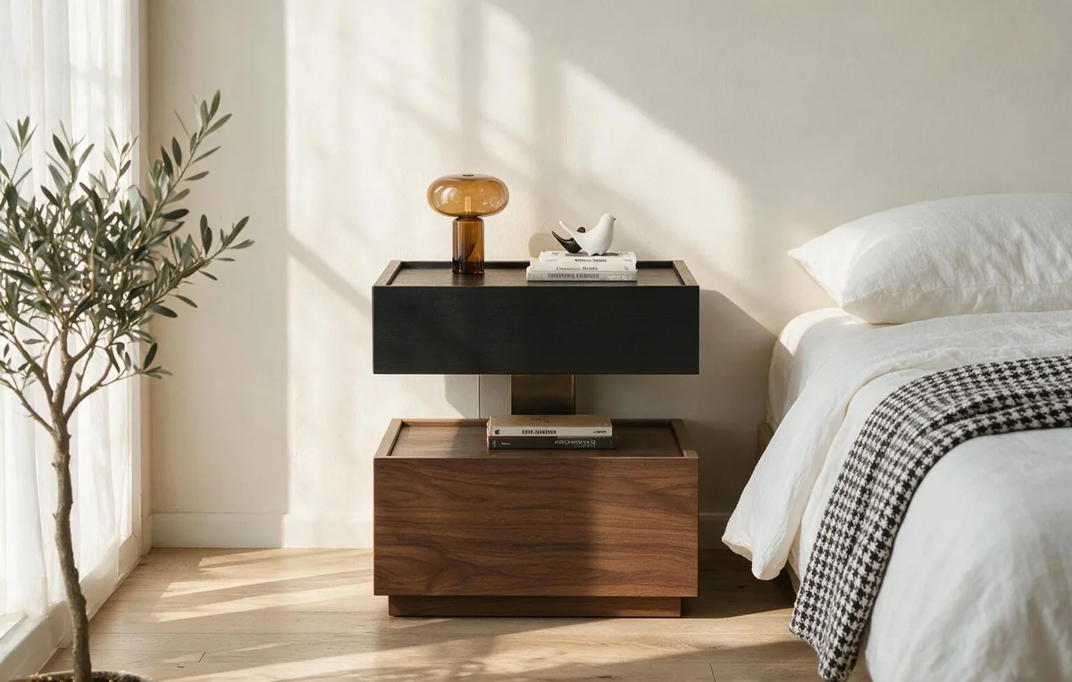 Two tier nightstand with a charcoal top drawer and walnut lower drawer joined by a dark bronze steel spine, beside a bed in morning light
