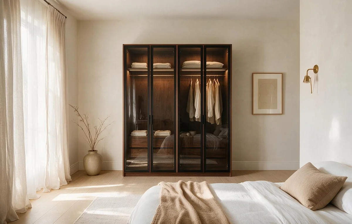 Sunlit guest bedroom with a full height four door walnut wardrobe with black framed glass doors and warm LED interior lighting