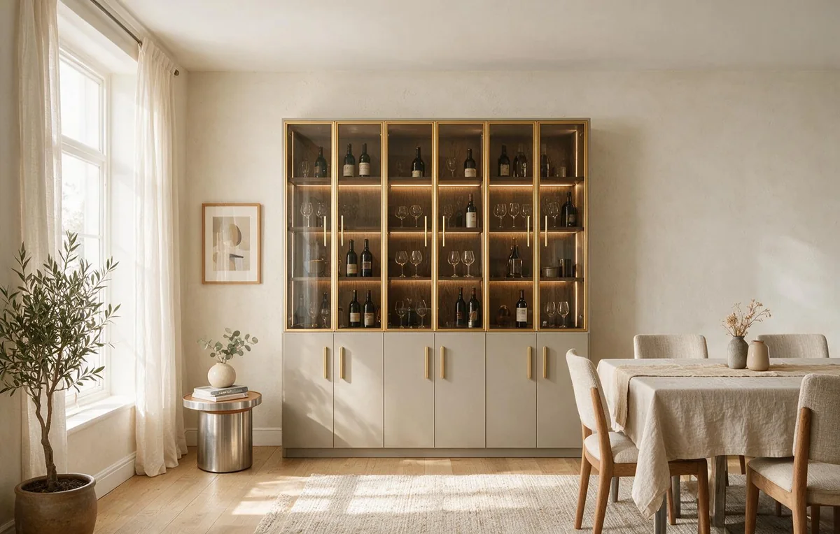 Wine display cabinet with slim gold framed glass doors, LED lit shelves and matte greige lower doors in a sunlit dining room
