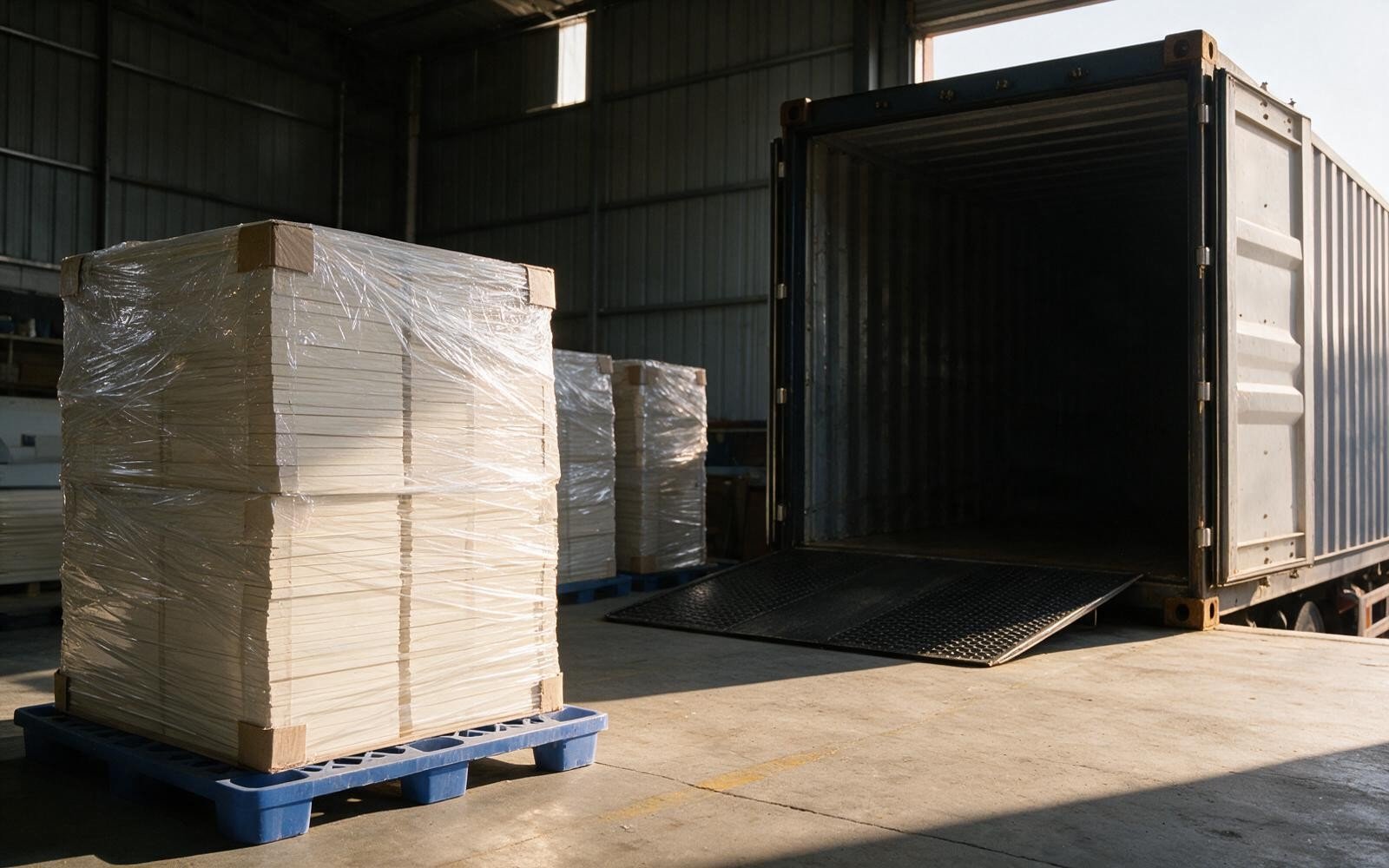 How to become a partner 3 Shrink-wrapped flat-pack melamine panels on pallets beside an open 40 foot container at the Apexera dispatch area