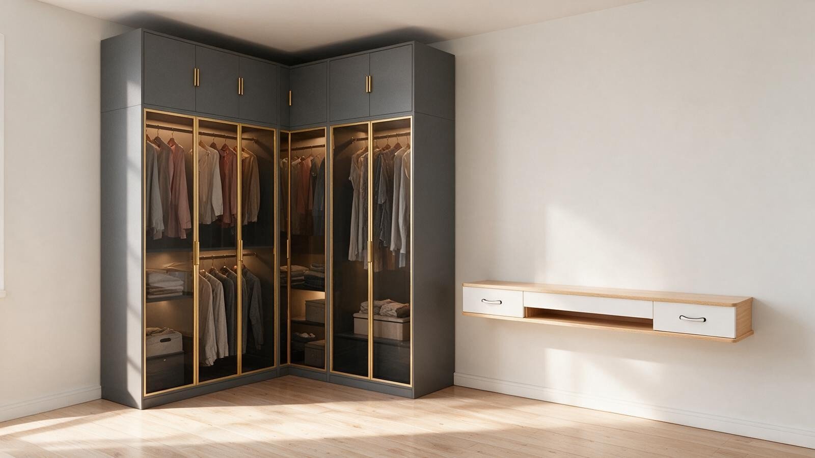 How to become a partner 1 Apexera JX-HD-014 golden framed glass wardrobe and JX-TVC-047 floating grey-white TV stand in a minimal interior