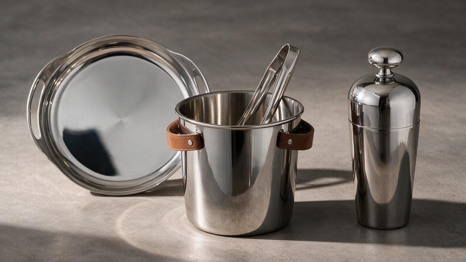 How to become a partner 2 Apexera JX-SSIB-145-138 mirror polished stainless steel ice bucket set with tongs, serving tray and cocktail shaker