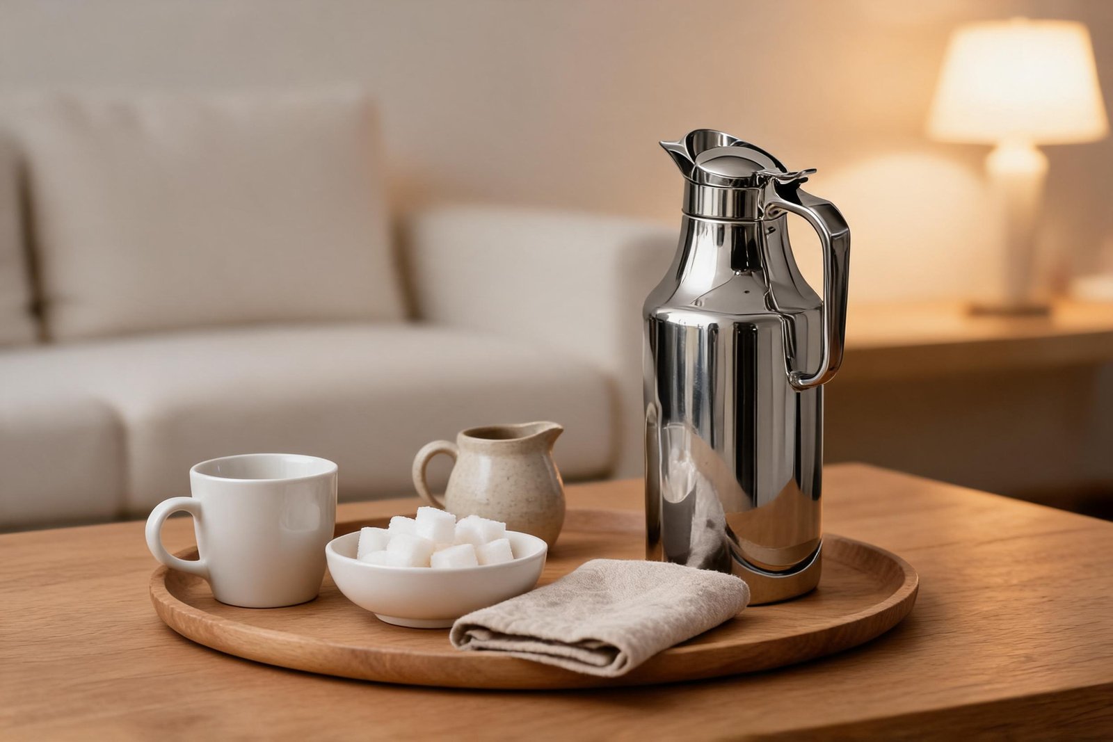 Guest coffee table styled with the best thermal carafe setup: a steel vacuum carafe, white cup, stoneware milk jug, sugar bowl and linen napkin on a warm oak tray in a cream living room