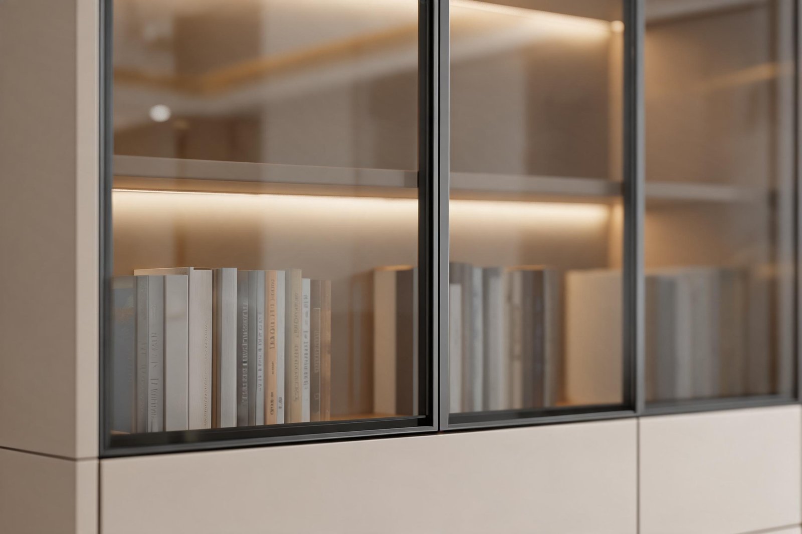 Close up of the slim black aluminium door frame and the lit shelf edge on a bookcase with glass doors