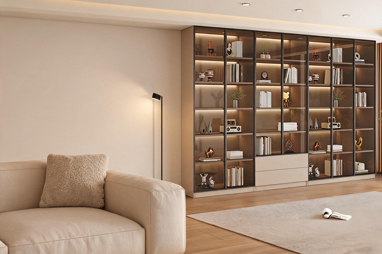 Evening view of a bookcase with glass doors along a cream living room wall with a linen sofa, a floor lamp and a rug