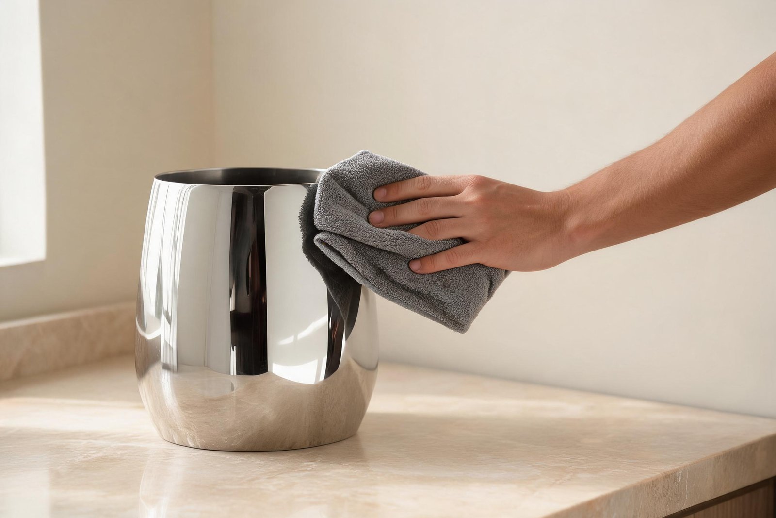 hand wiping the bulging wall of a stainless steel ice bucket with a grey microfiber cloth