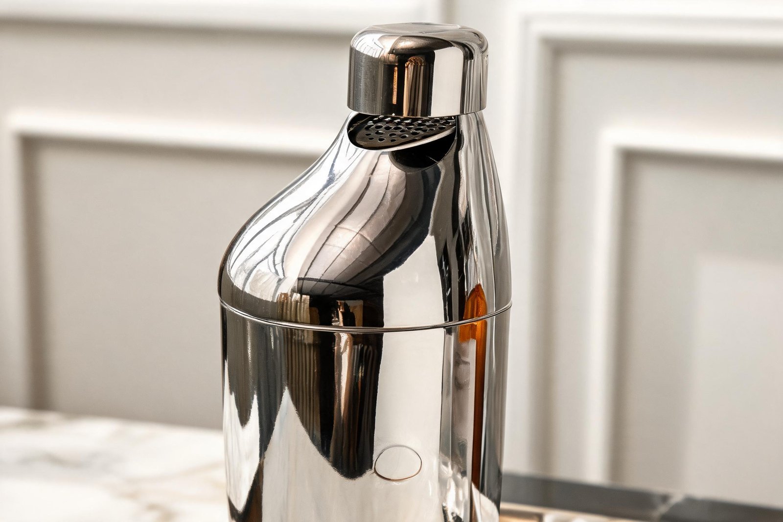 Cocktail shaker size detail: the slanted shoulder and the perforated built in strainer disc under the cap of a mirror steel cocktail shaker