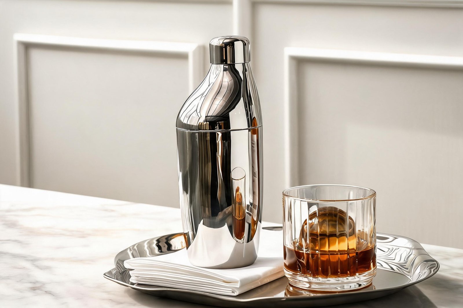 Home 28 Cocktail shaker size in use: a slanted mirror polished cocktail shaker 22 cm tall beside a lowball glass of amber cocktail on a marble bar