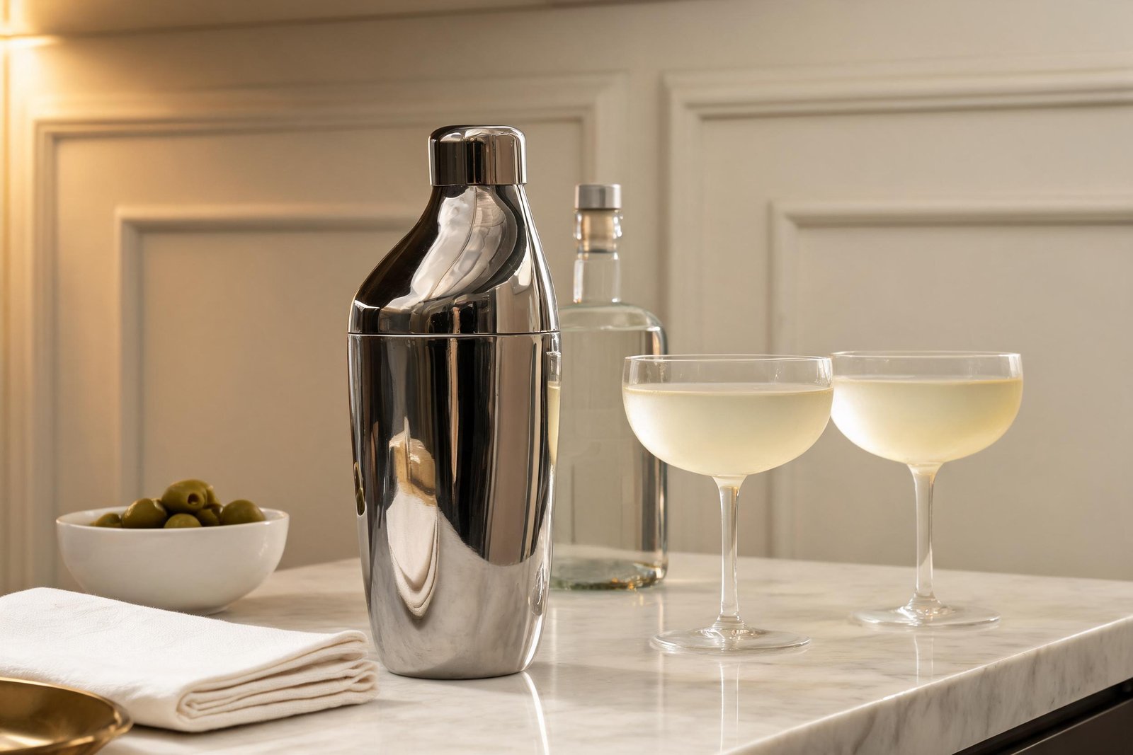 Two coupe glasses of pale cocktail beside a slanted steel cocktail shaker, a gin bottle and a bowl of olives on a cream bar