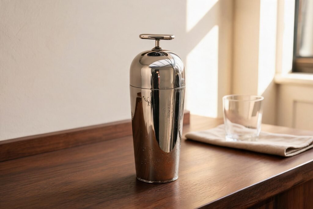 Cocktail shaker stuck shut after a wet shake: mirror stainless steel shaker with condensation on the lower wall, standing on a walnut bar counter