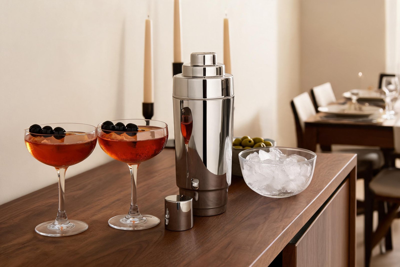 Bar station in build order on a walnut sideboard: two amber cocktails in coupe glasses, a cocktail shaker with strainer, a bowl of ice cubes and olives, with a set dining table blurred behind