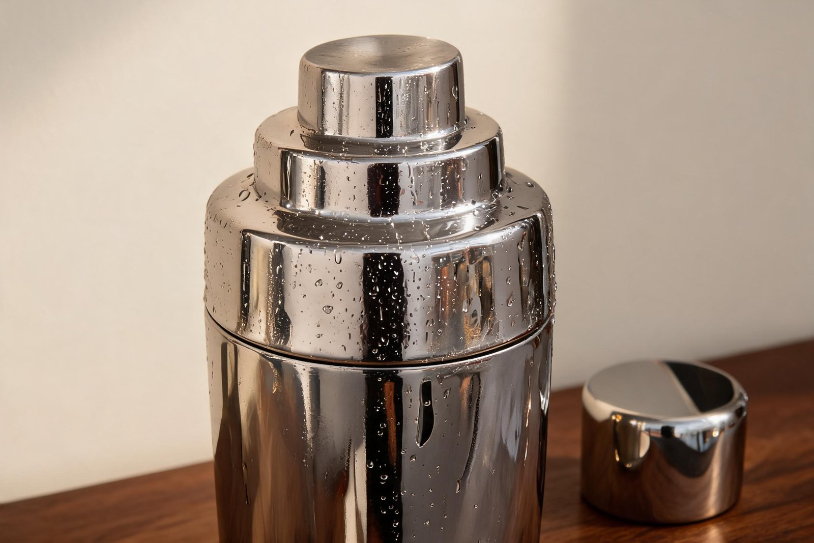 Close up of the built in strainer collar and flat cap of a cocktail shaker with strainer, condensation running down the mirror polished stainless steel body