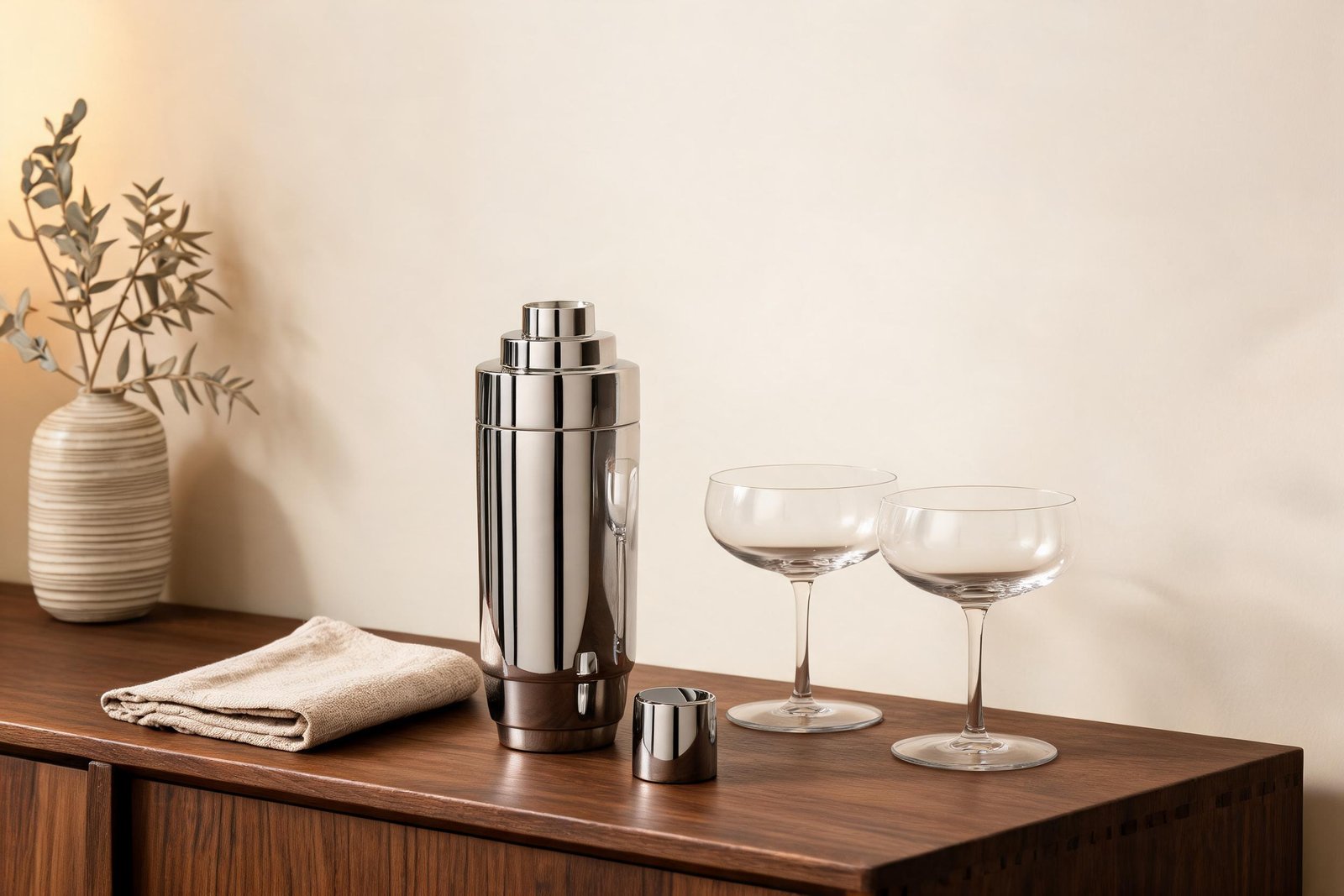 Cocktail shaker with strainer in mirror polished stainless steel standing on a dark walnut sideboard with two coupe glasses and a folded linen napkin