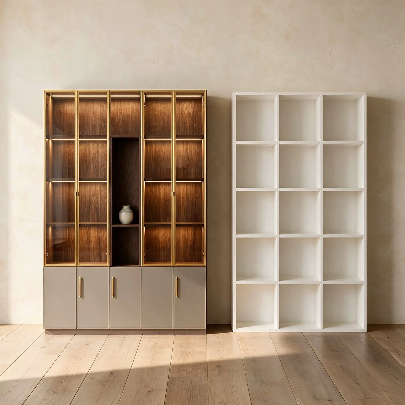 Gold-trimmed art deco display cabinet beside a white open-cube bookcase in a warm cream room with oak floor