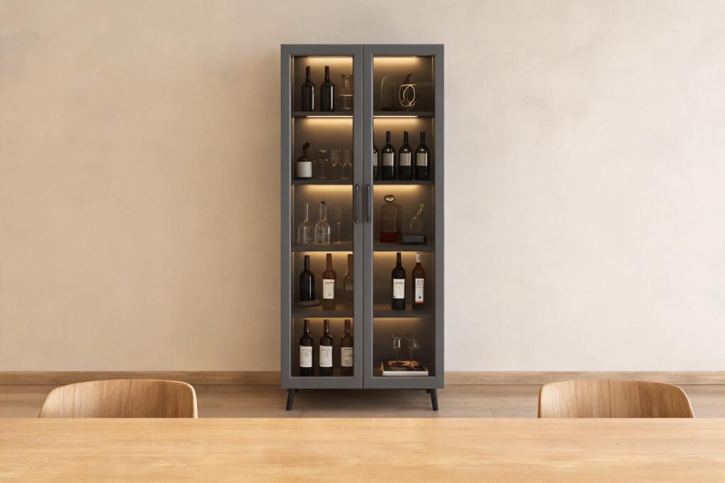 Display cabinet depth: grey 40cm deep glass display cabinet with warm interior LED lighting in a dining room