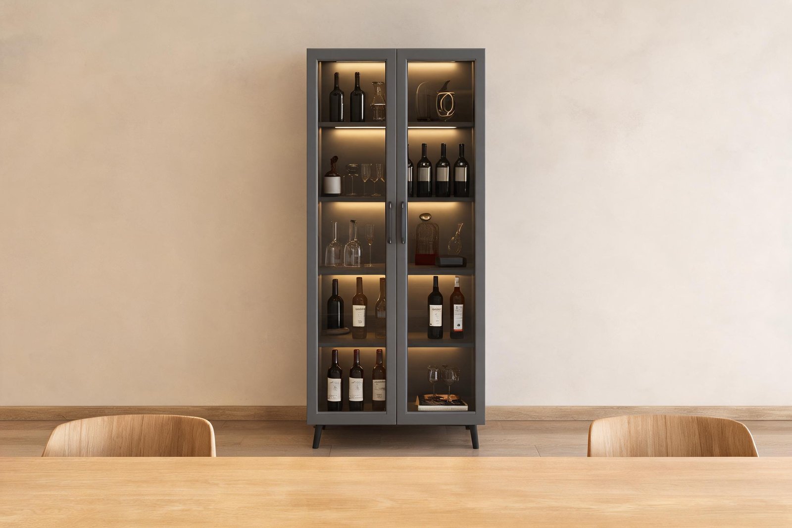Display cabinet depth: grey 40cm deep glass display cabinet with warm interior LED lighting in a dining room