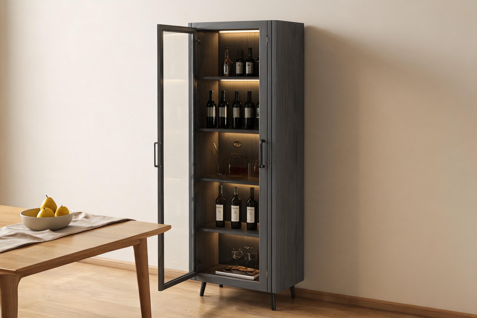Display cabinet depth in a room: a tall 195cm glass display cabinet beside a dining table showing how much floor the doors need