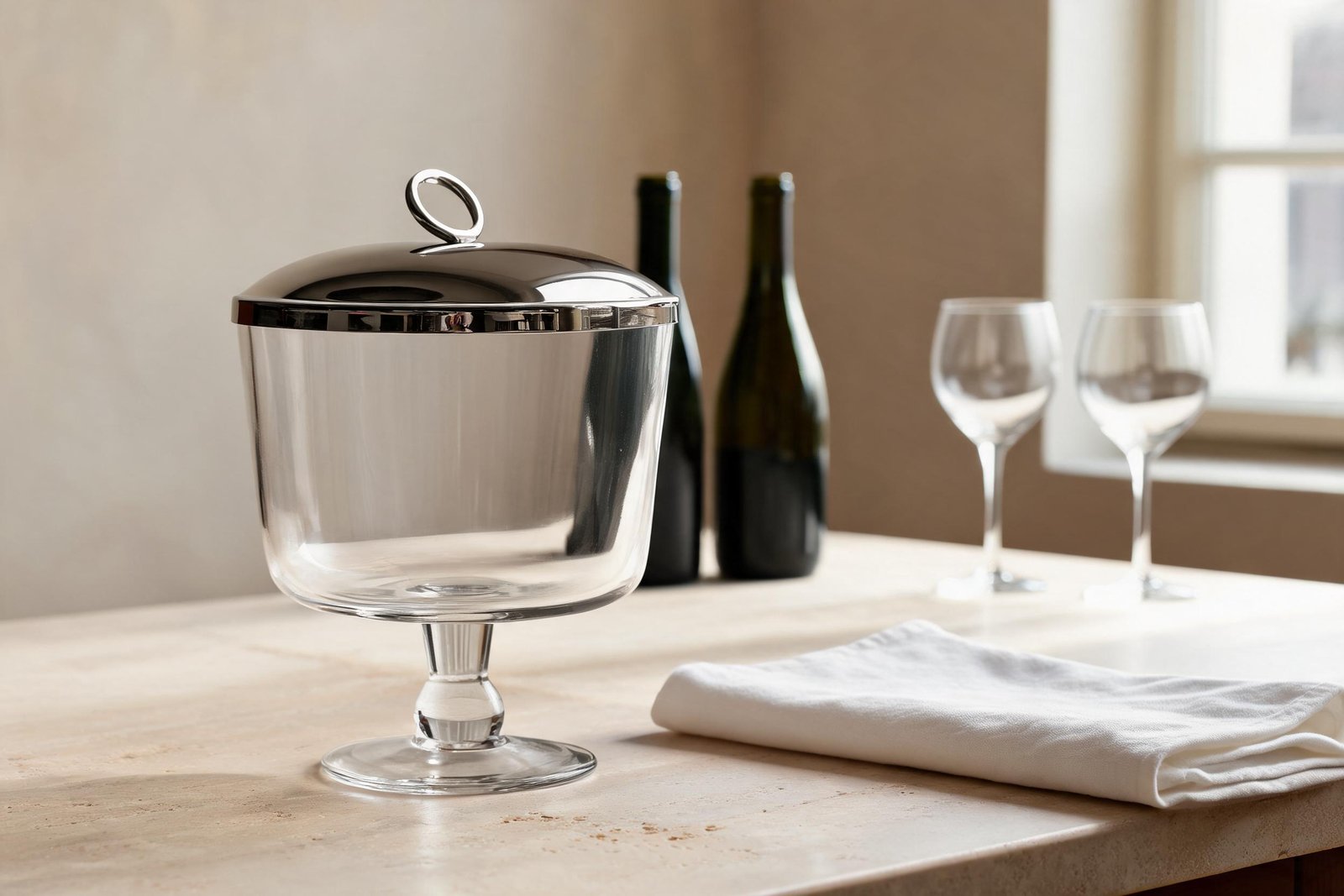 Glass Ice Bucket vs Stainless Steel: What Changes? 1 Glass ice bucket with lid and tongs set styled on a cream dining table: clear borosilicate bowl on a short stem, mirror steel dome lid with a ring knob, two wine bottles behind