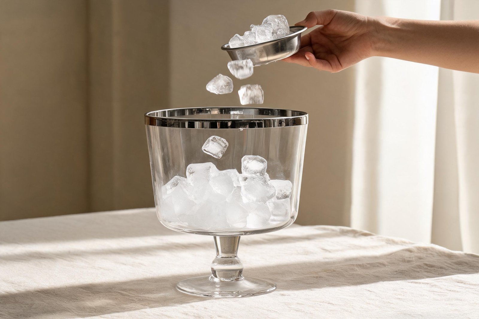 Glass Ice Bucket vs Stainless Steel: What Changes? 5 Hand tipping clear ice cubes from a small steel dish into an open glass ice bucket on a linen runner, lid set aside