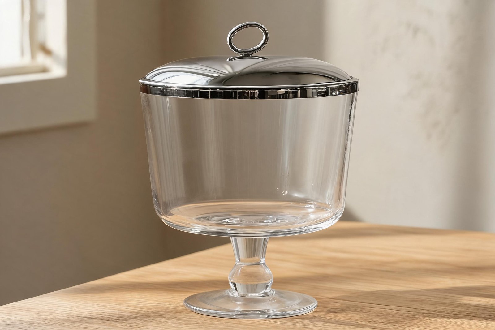 Glass Ice Bucket vs Stainless Steel: What Changes? 3 Close view of the mirror steel dome lid seated on the mouth of a glass ice bucket, upright ring knob on top and a polished band around the glass rim