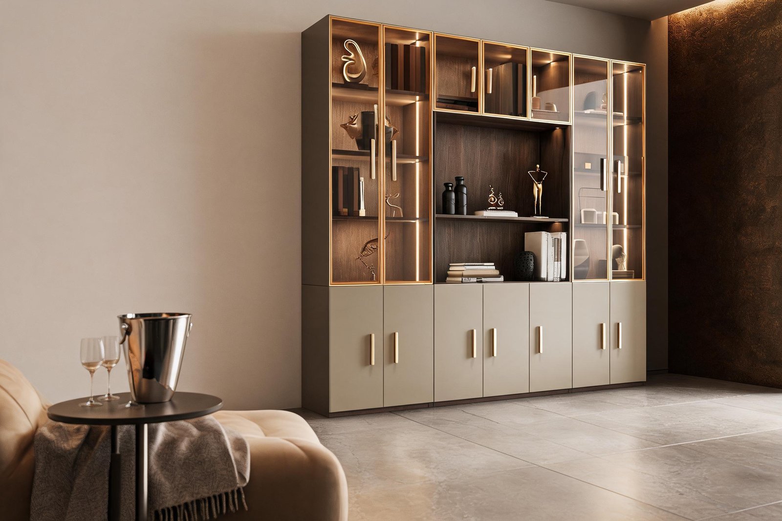 Holiday Home Bar Setup: 7 Proven Steps | Apexera 3 Evening living room scene with the gold trimmed wine cabinet glowing behind a side table set with a steel ice bucket for a holiday home bar setup