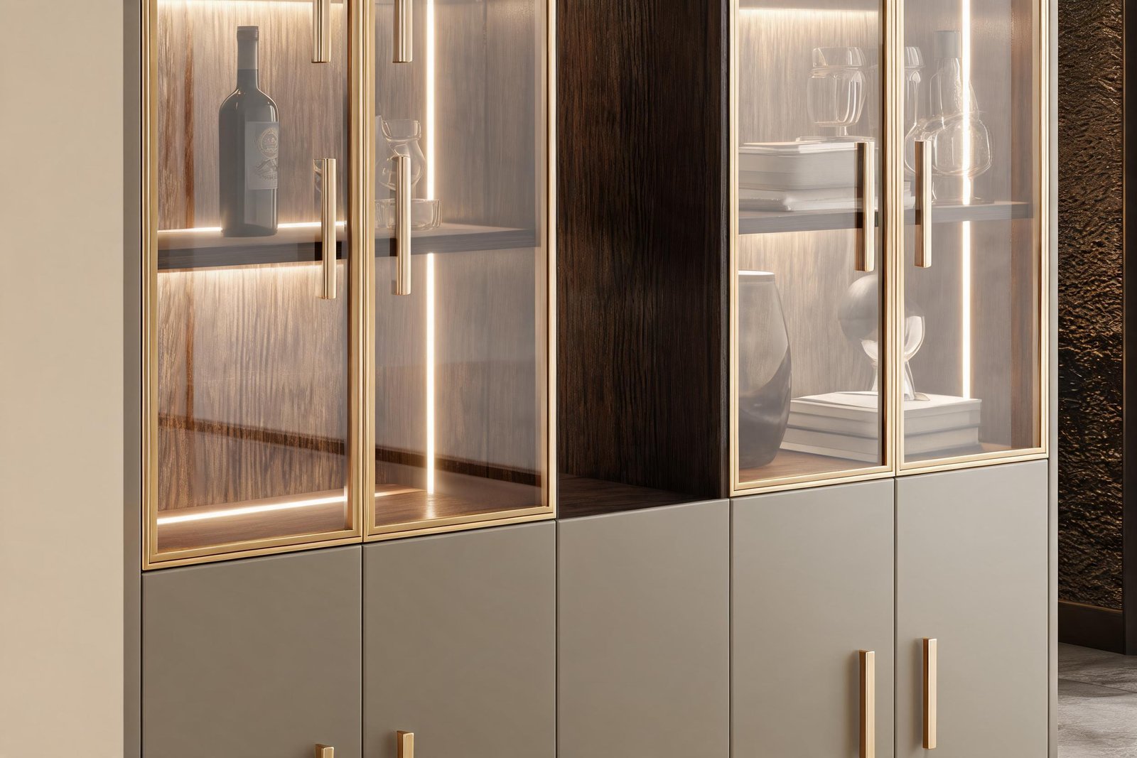 Holiday Home Bar Setup: 7 Proven Steps | Apexera 2 Close up of slim gold framed glass doors and gold bar handles on the wine cabinet with warm LED shelves lit for a holiday home bar setup