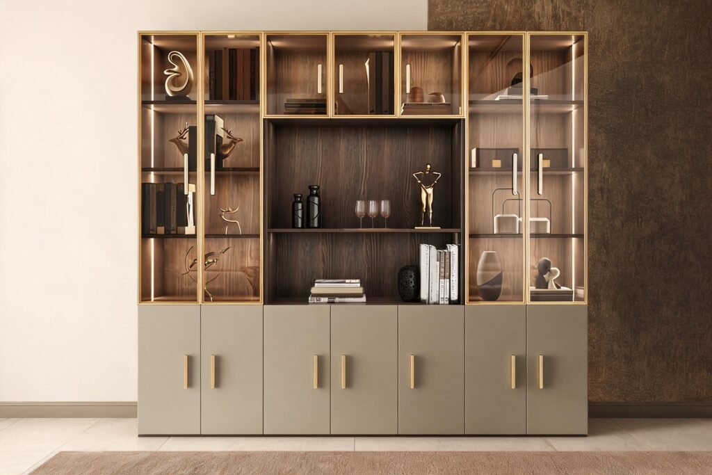 Gold trimmed art deco wine cabinet anchoring a holiday home bar setup with lit glass display doors and a dark walnut open niche in a warm living room
