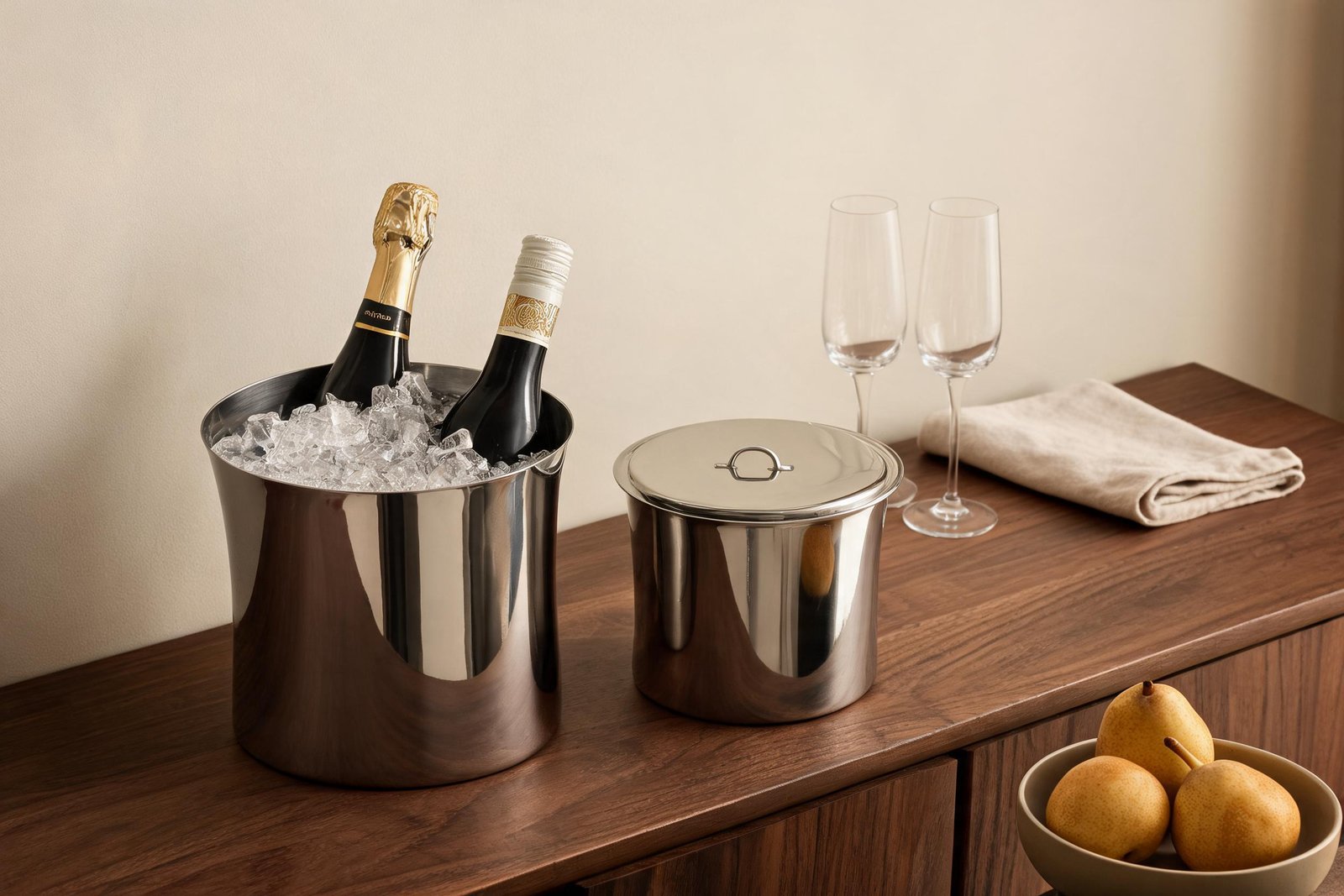 Mirror polished stainless steel ice bucket set styled for hostess gift ideas, an open cooler of ice beside a lidded double wall bucket on a dark walnut sideboard