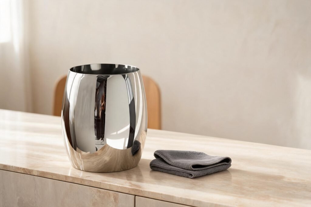 how to clean stainless steel ice bucket: mirror polished bulb shaped bucket with a folded grey microfiber cloth on a limestone sideboard