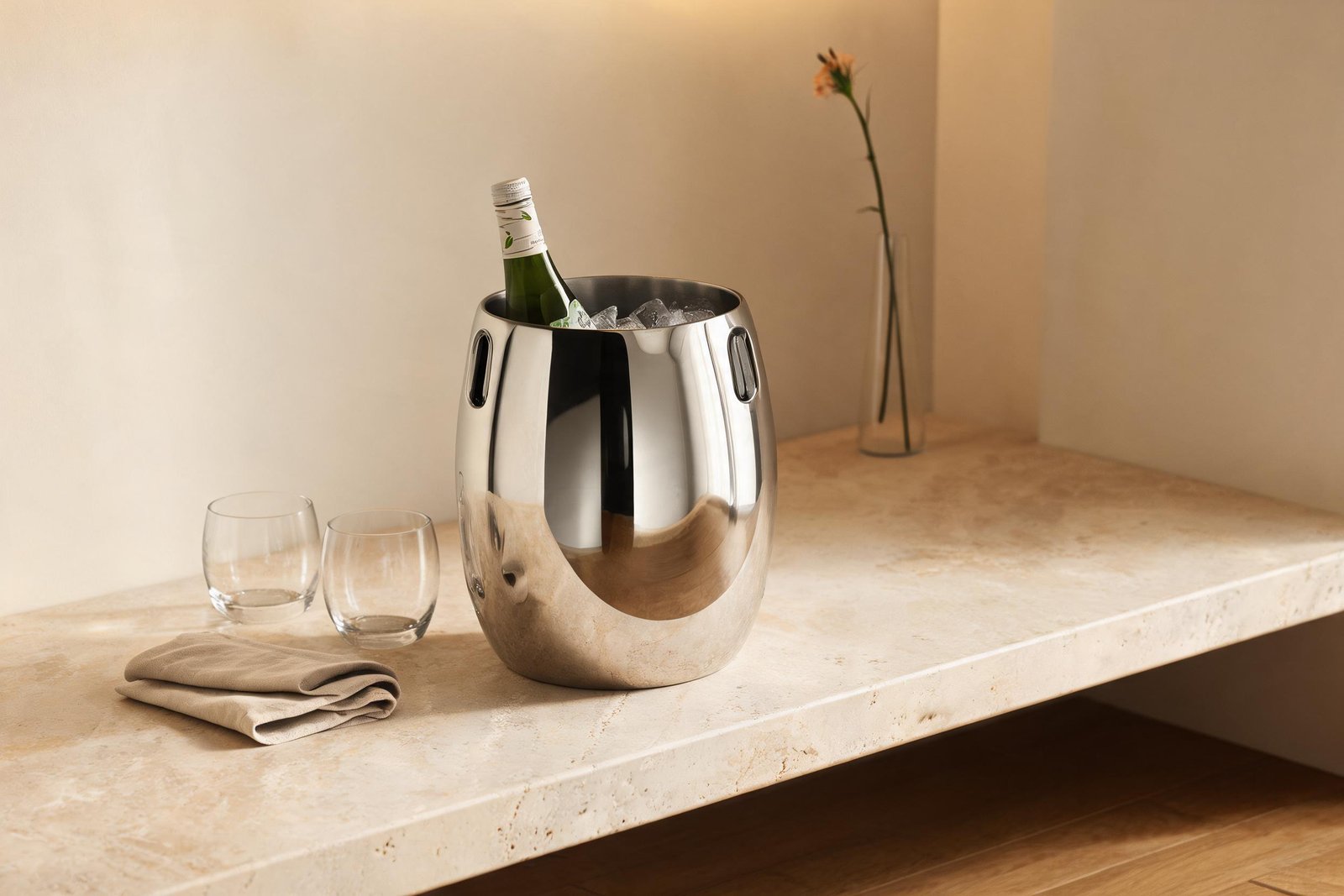 Ice bucket for bar cart alternative view: the same 24 cm bucket on a travertine counter with two glasses and a linen cloth
