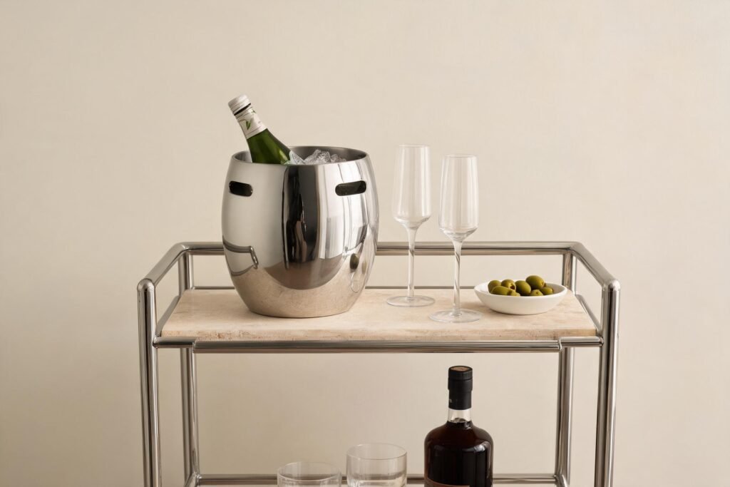 Ice bucket for bar cart fit: a 24 cm bell shaped mirror steel bucket with a bottle on the top tray of a two tier cart