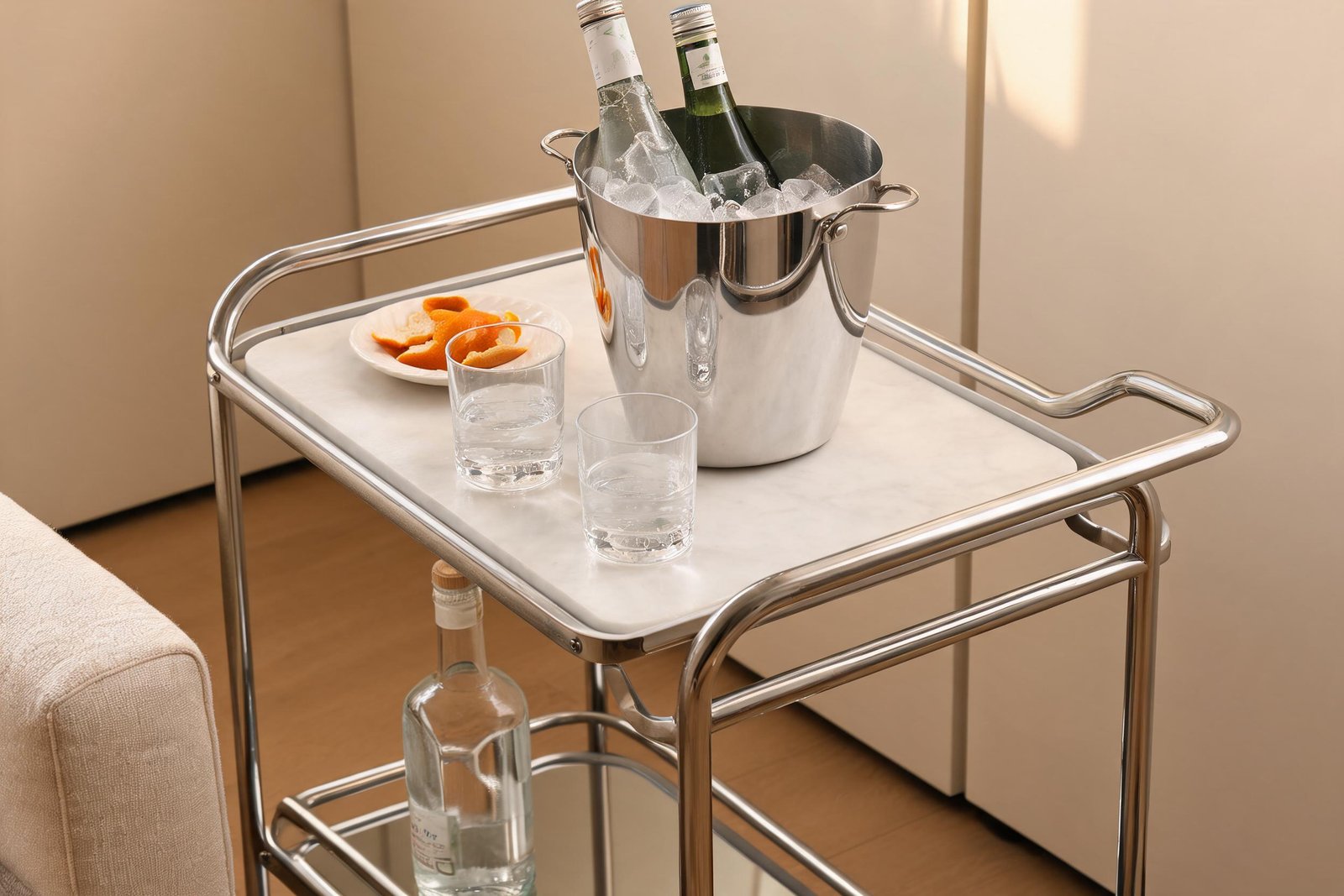 Ice bucket on a two tier bar cart with two bottles lying at an angle in the ice and glasses beside it