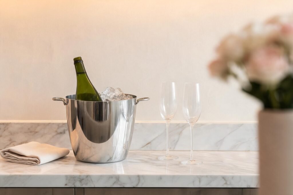 Ice bucket sizes in use: a mirror polished tapered steel ice bucket holding a Champagne bottle and cubed ice on a pale marble bar top