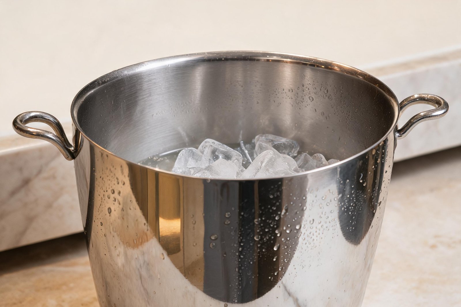 Close up of the rolled rim and small tube handle on a mirror steel ice bucket holding cubed ice