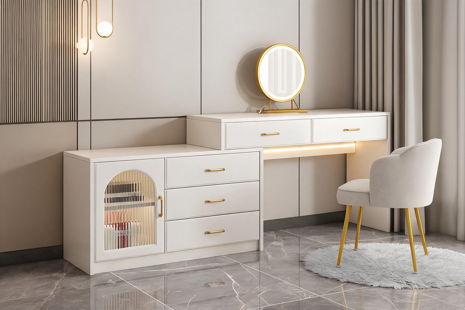 Evening view of a white vanity desk with warm LED vanity desk lighting glowing under the shelf beside a ring mirror in a cream bedroom