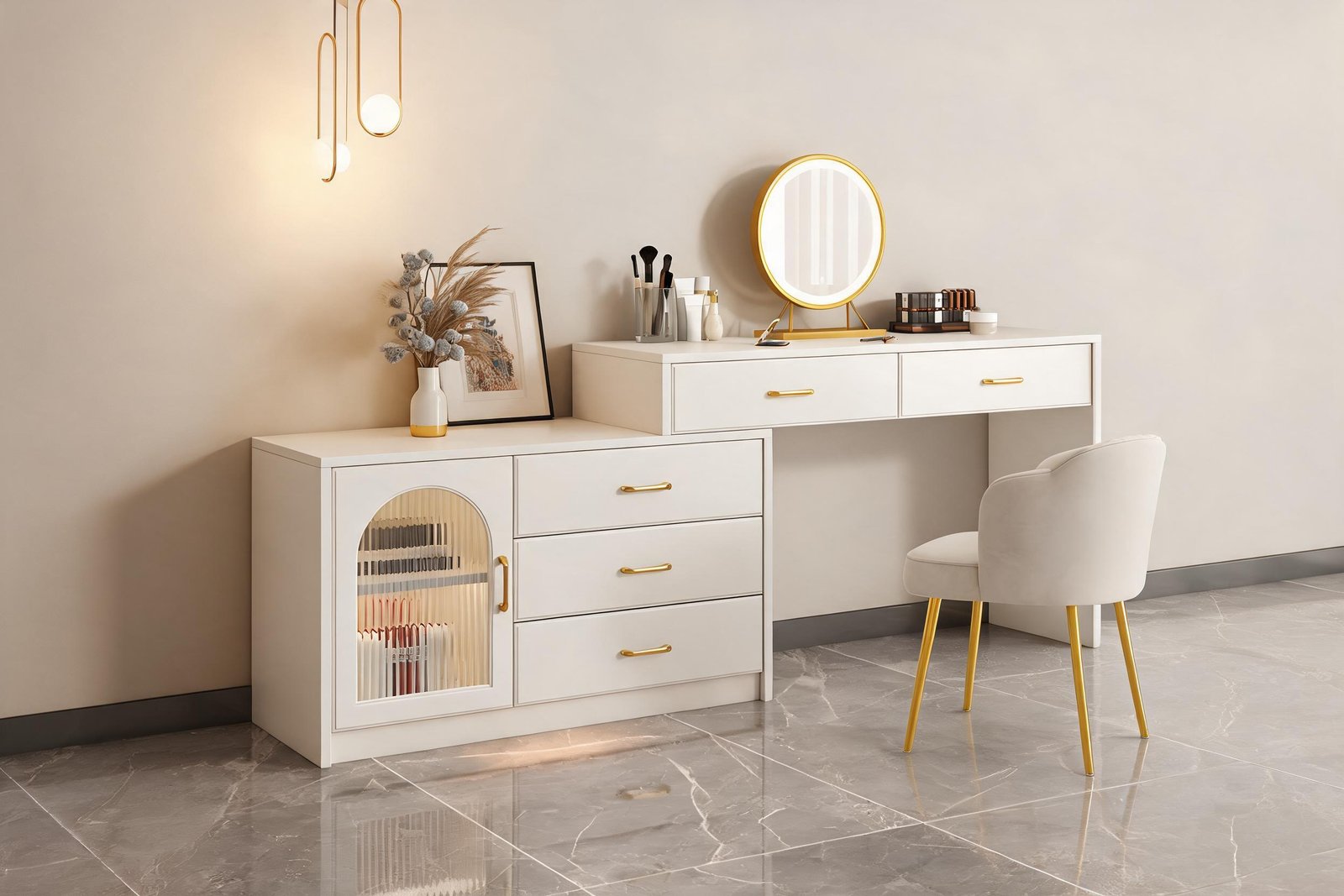 White LED vanity desk lighting setup with a fluted glass arched cabinet door, gold bar handles and a round ring mirror in a cream bedroom