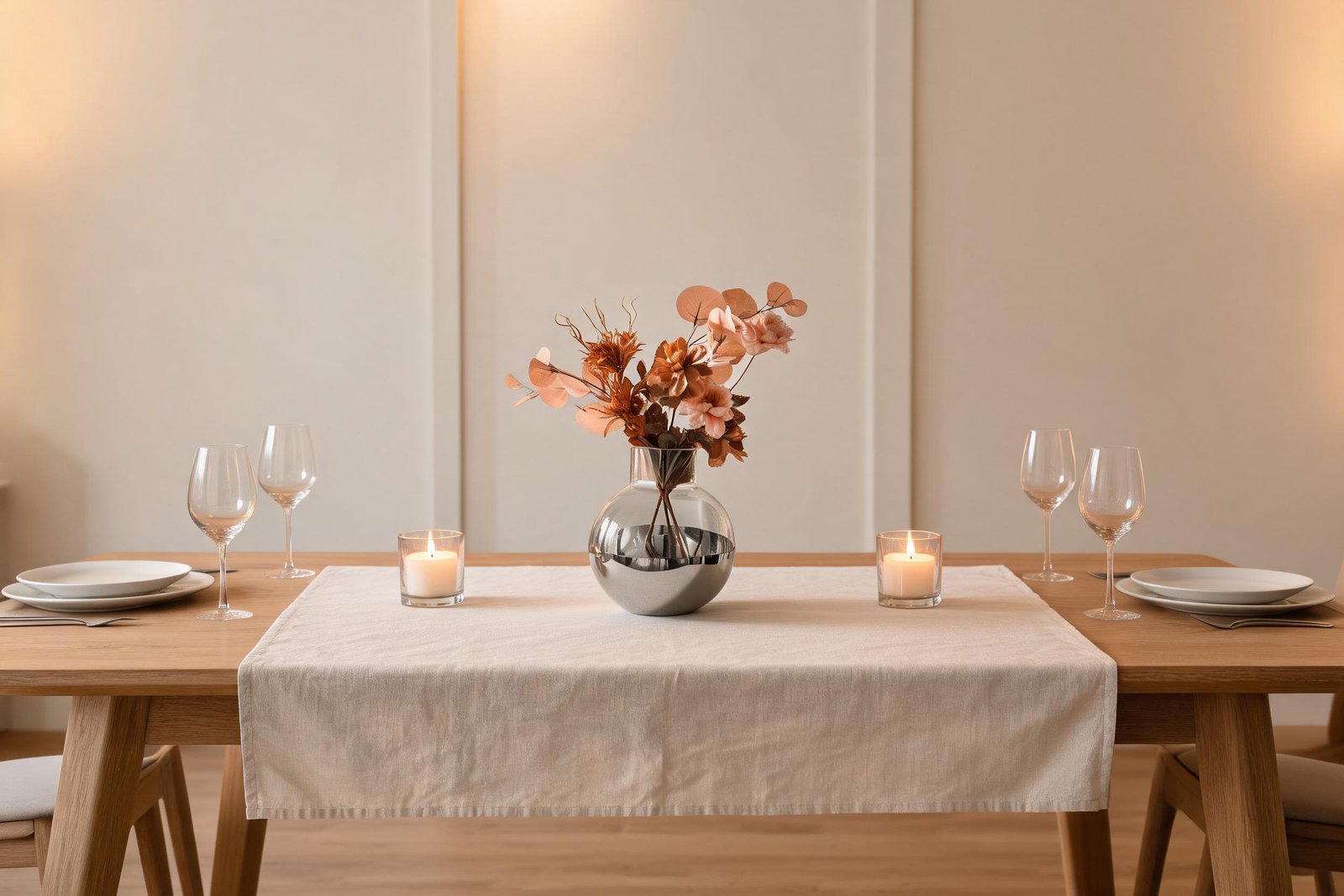 Low centerpiece ideas at work on a Thanksgiving table: a mirror polished sphere vase set slightly off centre with dried florals, candles at the same height, linen runner and simple plates