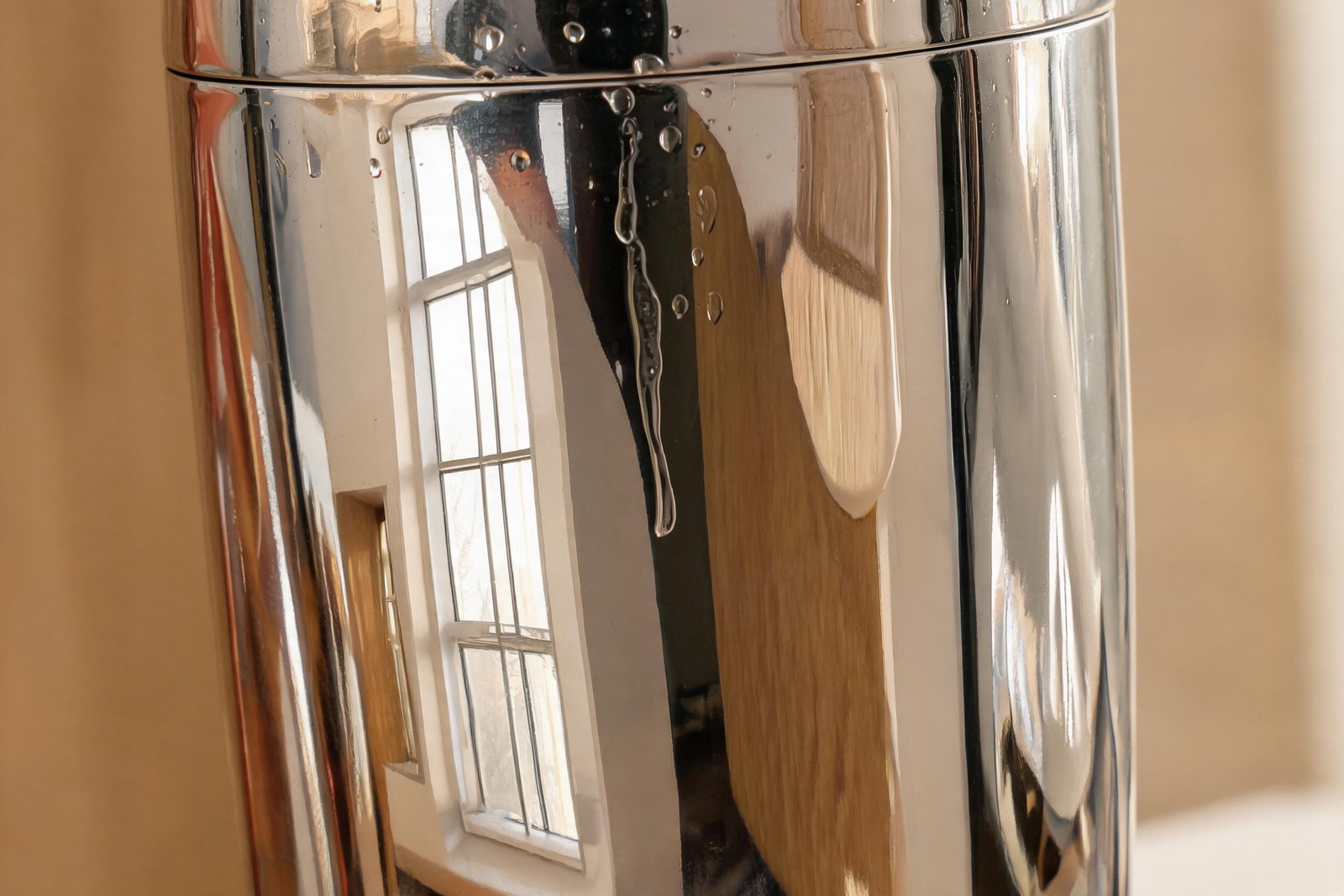 Macro of a mirror polished stainless steel cocktail shaker wall reflecting a daylight window with muntin bars