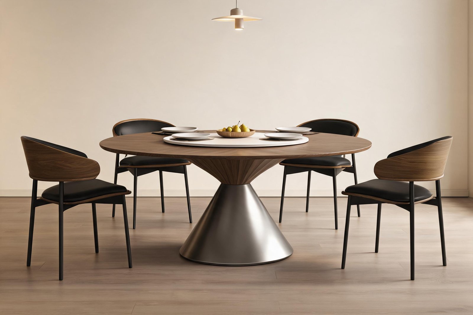Round dining table set with chairs in a cream dining room: sunburst wood grain top, white lazy Susan centre, five wood framed upholstered chairs and a conical pedestal base