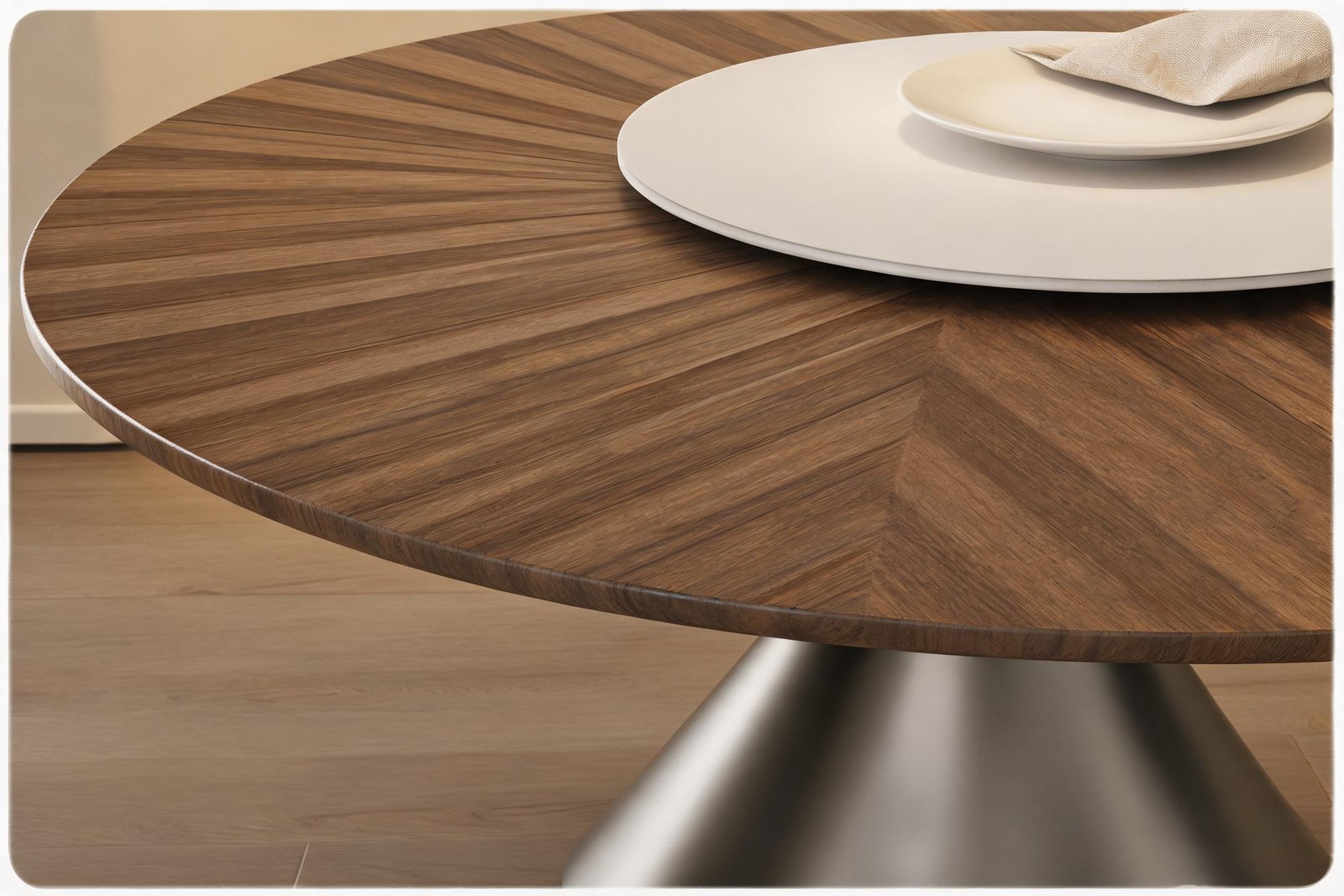 Detail of the sunburst wood grain top of a round dining table set with chairs, where the sealed wood surface meets the white lazy Susan disc set flush into the centre