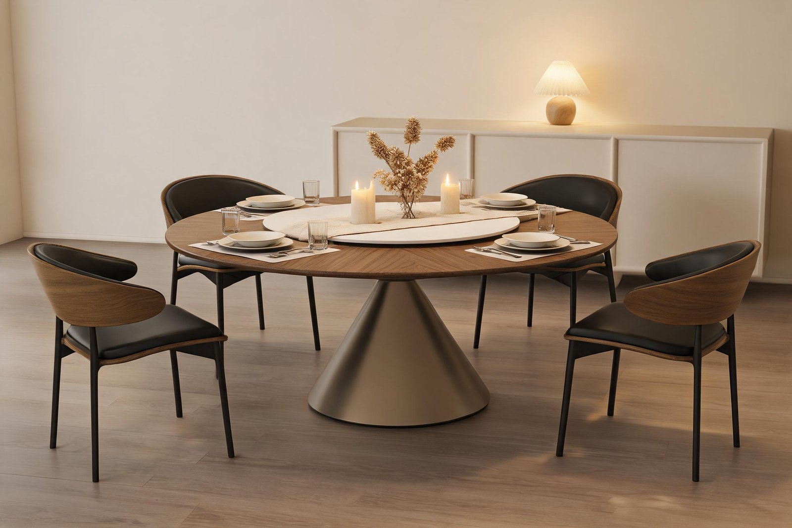 Round dining table set with chairs laid for Thanksgiving with five place settings, candles and a low dried arrangement on the lazy Susan, sideboard and lamp behind
