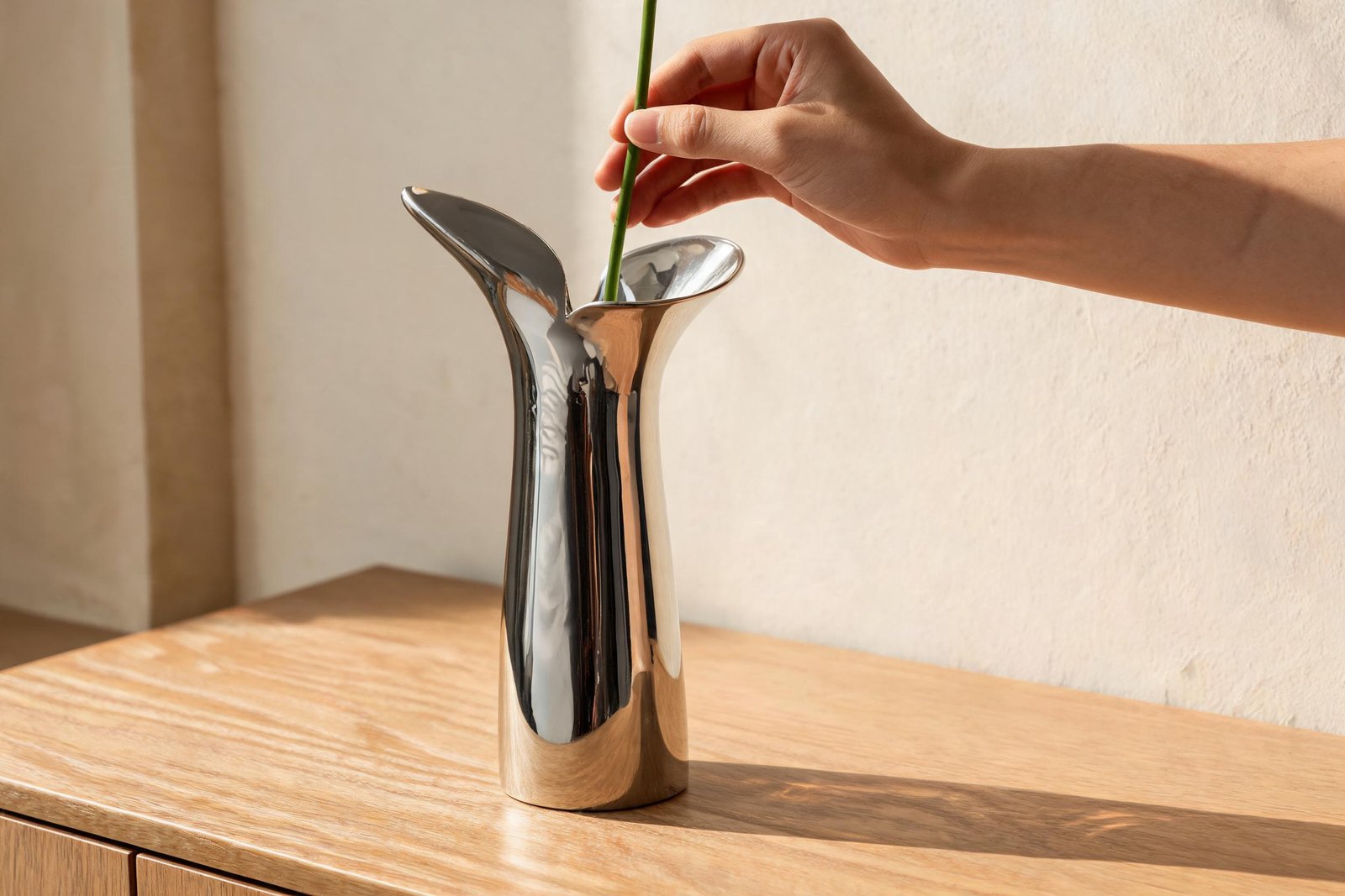 What Vase Mouth Size Fits One Stem or a Bunch? 4 Single stem vase in use: a hand holding one stem inside a petal-shaped vase mouth