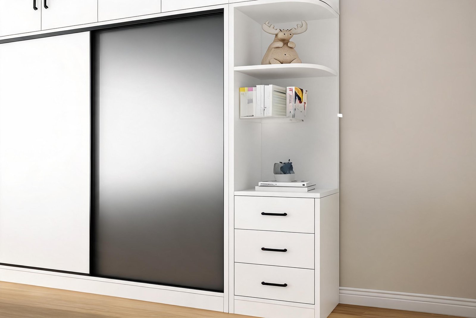 Close up of the panel seam on a white sliding wardrobe with drawers and the black bar handles on the side column drawers