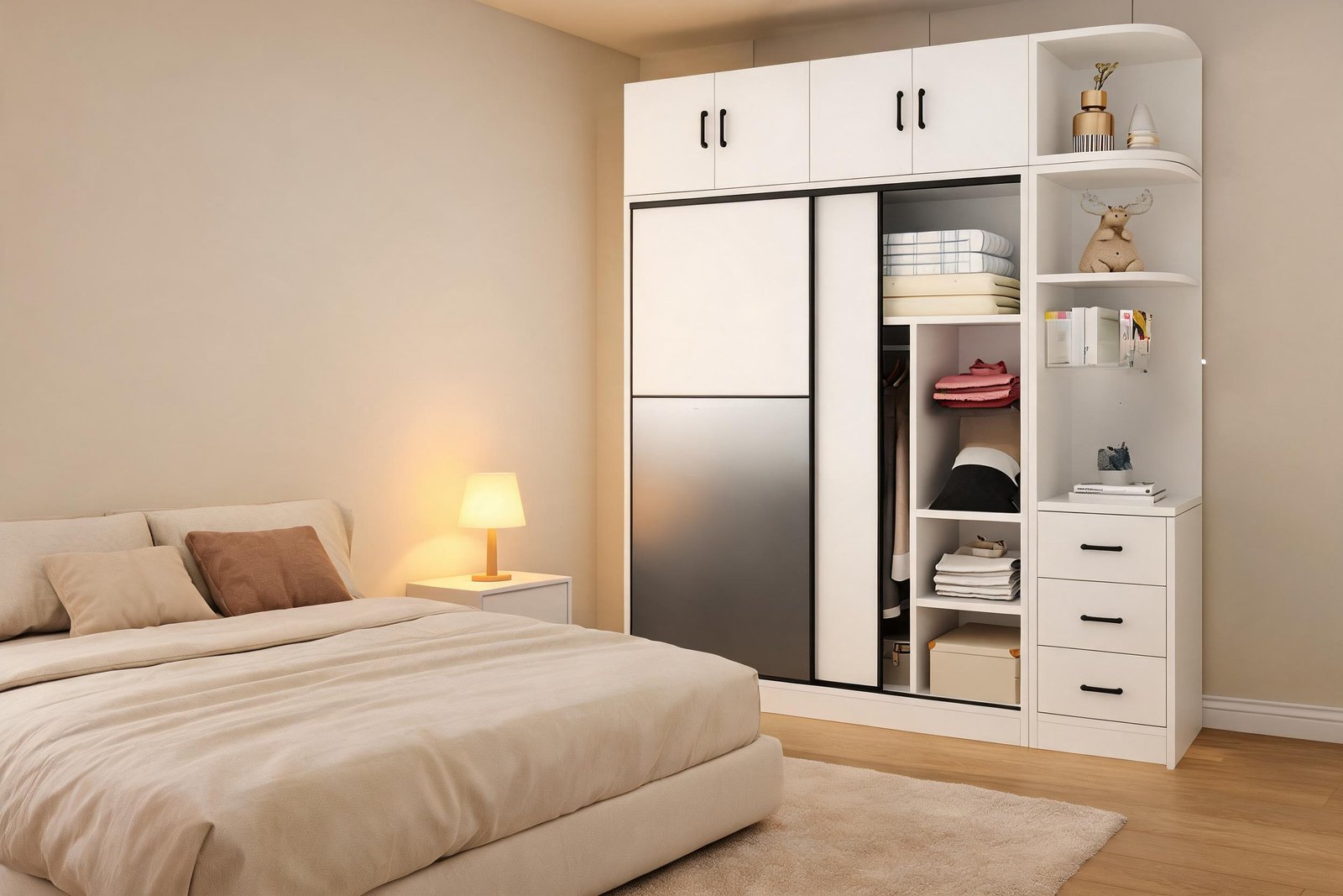 Evening view of a white sliding wardrobe with drawers in a small bedroom with a low bed, a rug and a bedside lamp